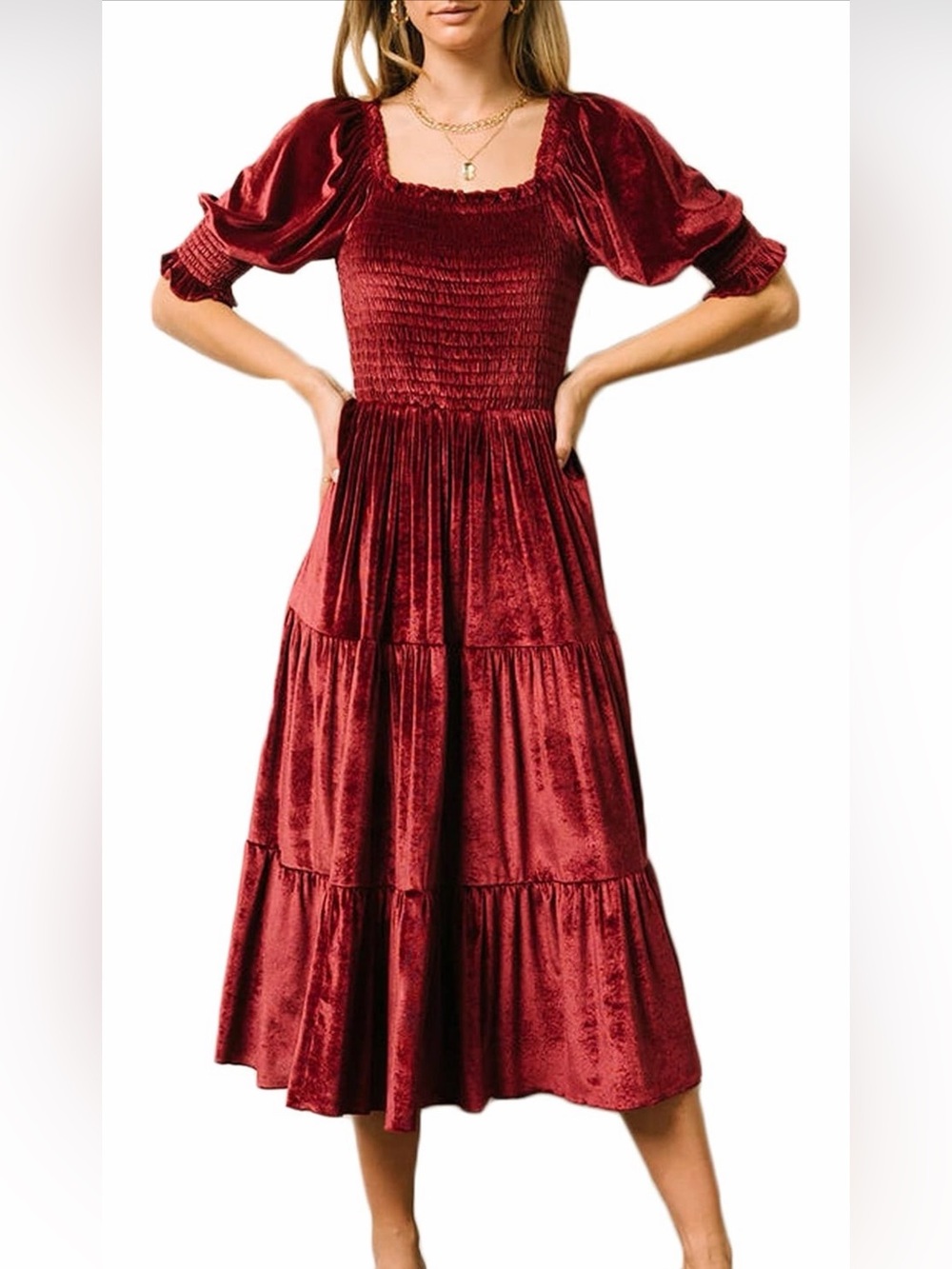 Women's Square Necked Velvet Smocked Midi Dress. NWT